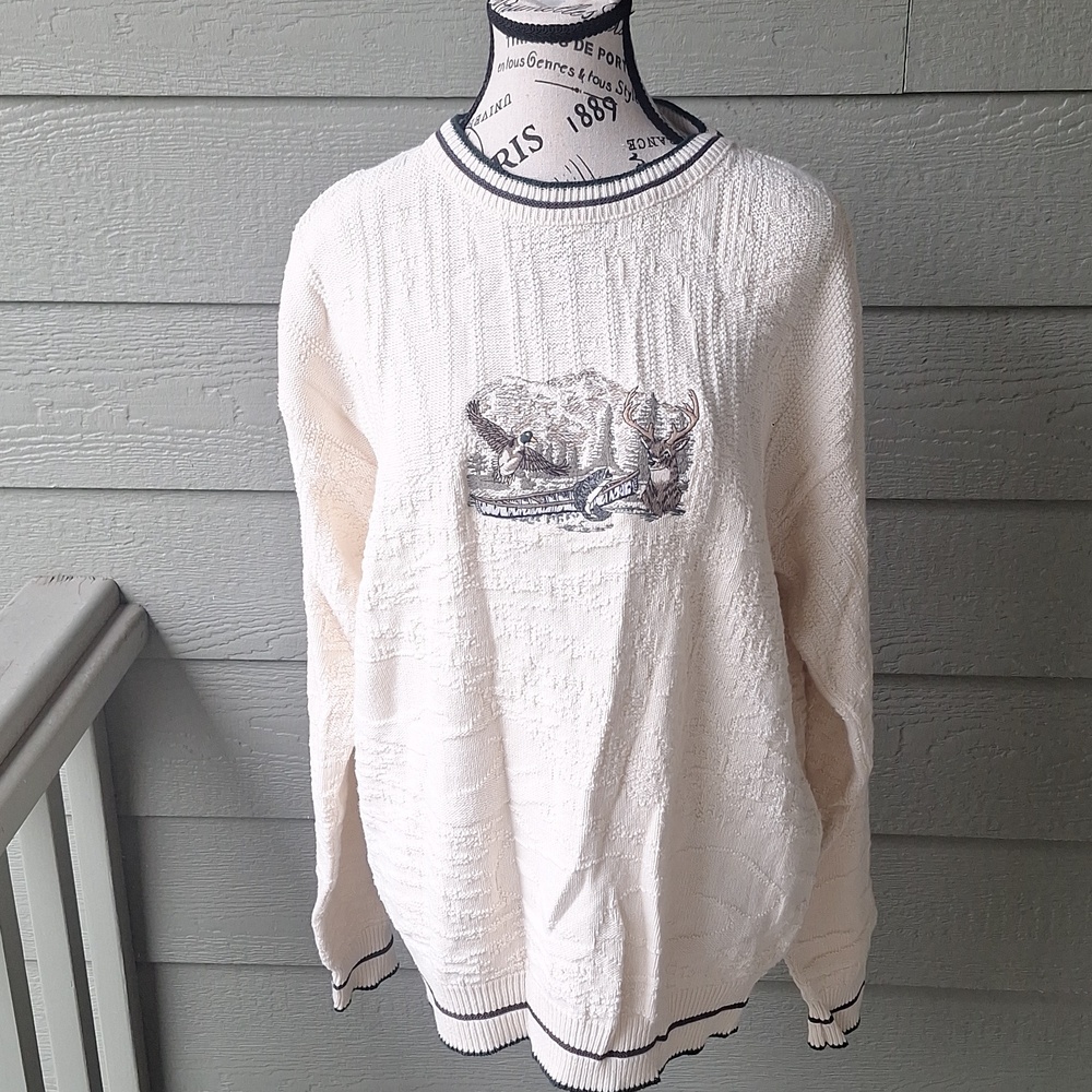 Vintage Fieldmaster Grandpa Embroidered Ringer Neck Sweater M Fishing Hunting - Picture 2 of 9